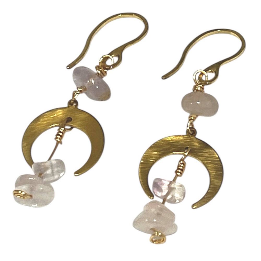 Hand Crafted Raw Brass & Rose Quartz Moon Earrings